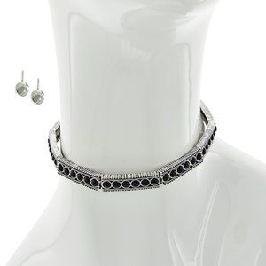 BURNISHED SILVER TONE BLACK STONE CHOKER SET
